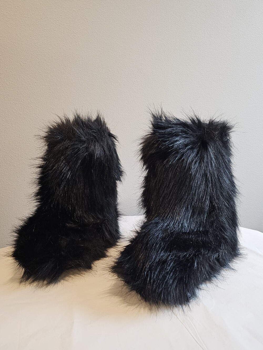 Faux Fur Boots Mid Calf Flat Shoes Black